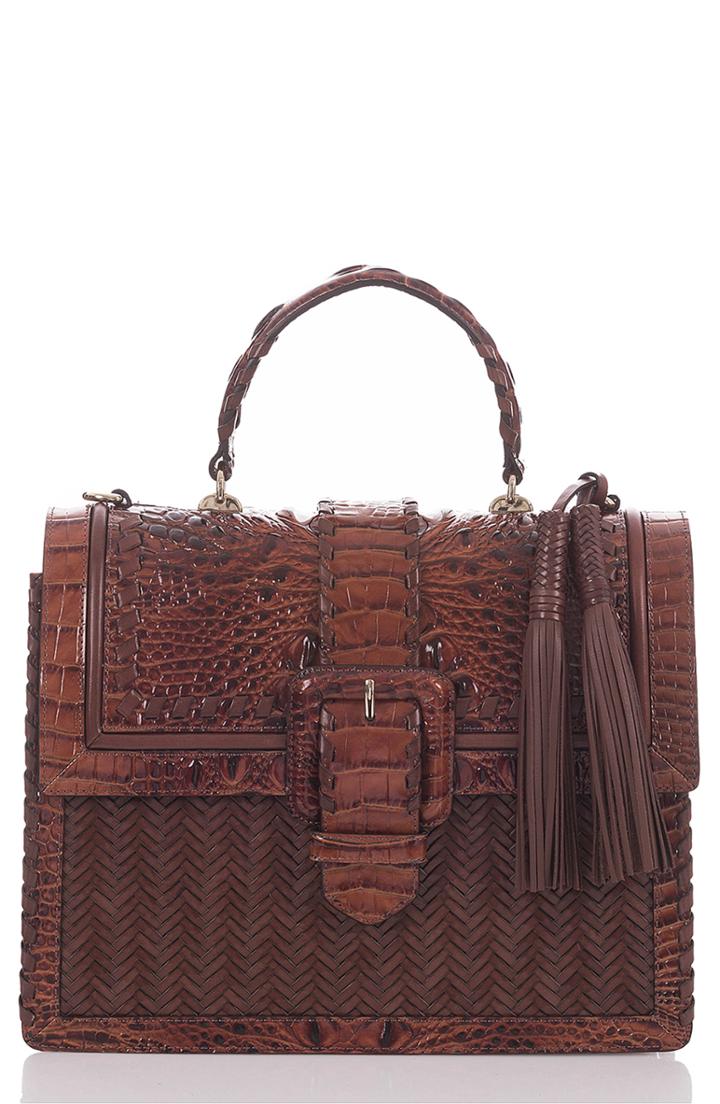 Brahmin Medium Francine Croc Embossed & Woven Leather Satchel - Brown