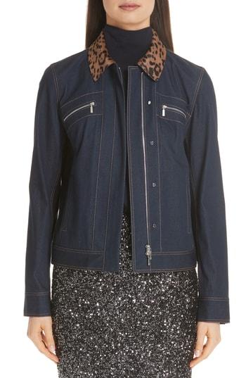 Women's Lafayette 148 New York Kesha Primo Denim Jacket With Print Genuine Calf Hair Collar - Blue