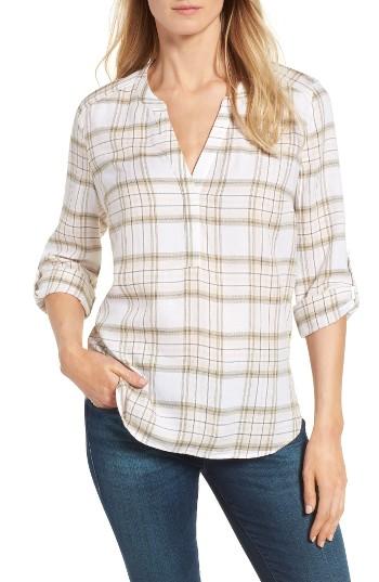 Women's Nydj Plaid Twill Henley Blouse
