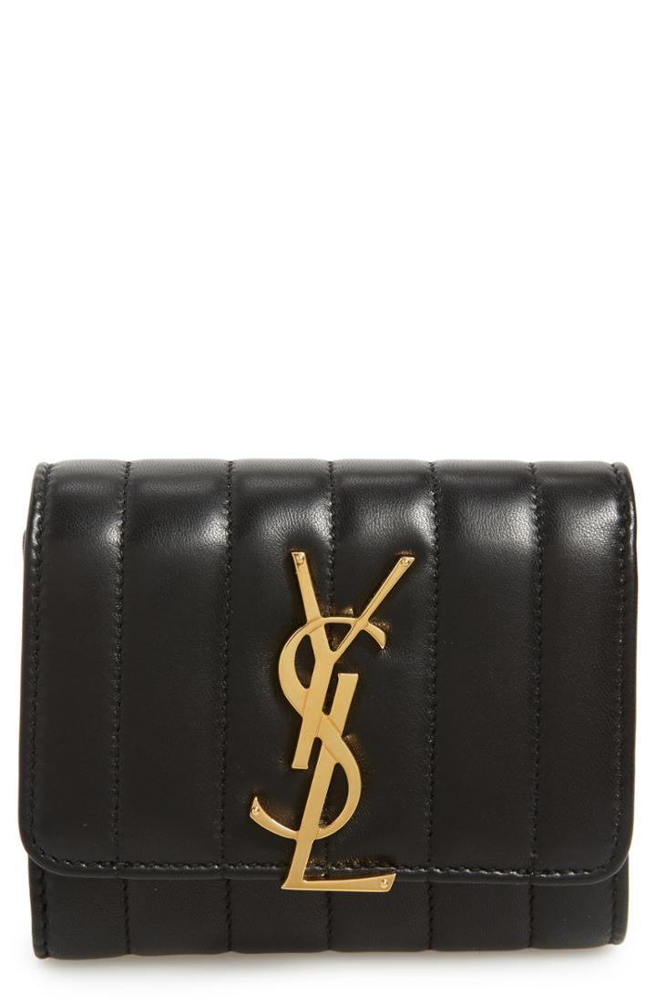Women's Saint Laurent Vicky Lambskin Leather Trifold Wallet - Black