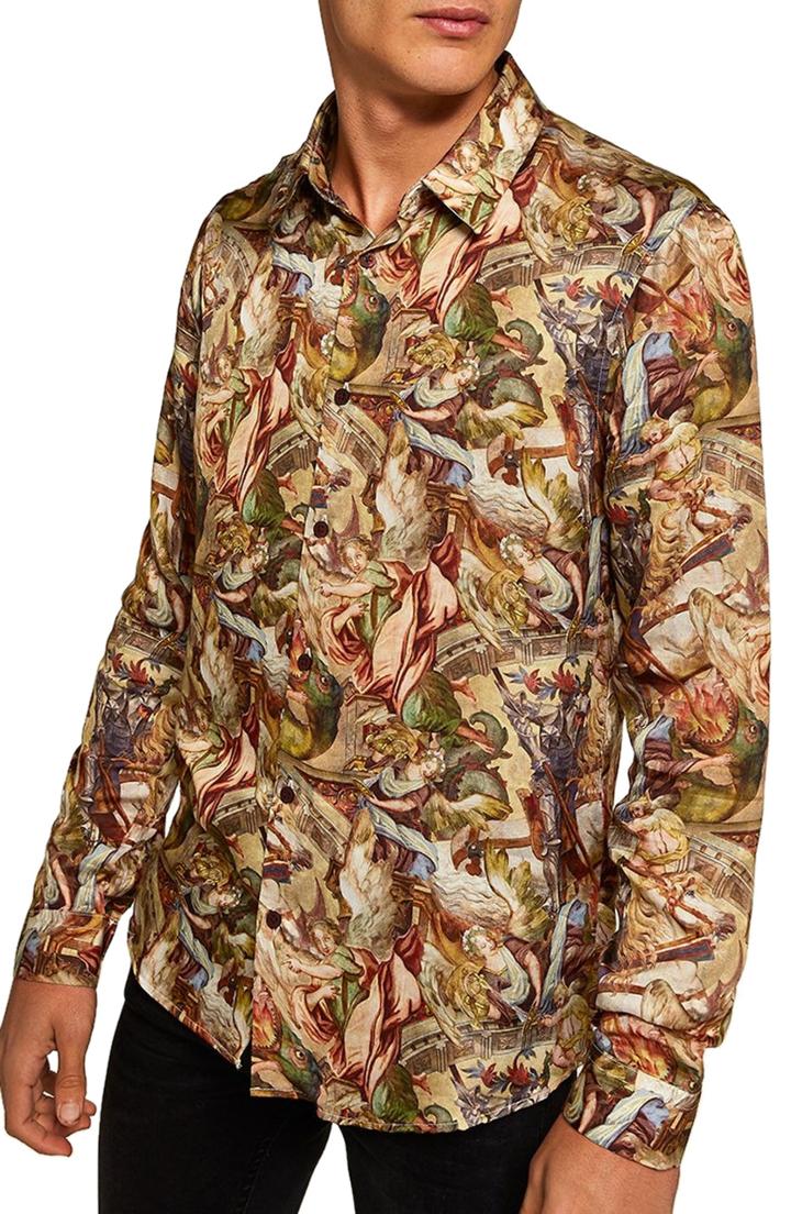 Men's Topman Dragon Print Shirt - Brown