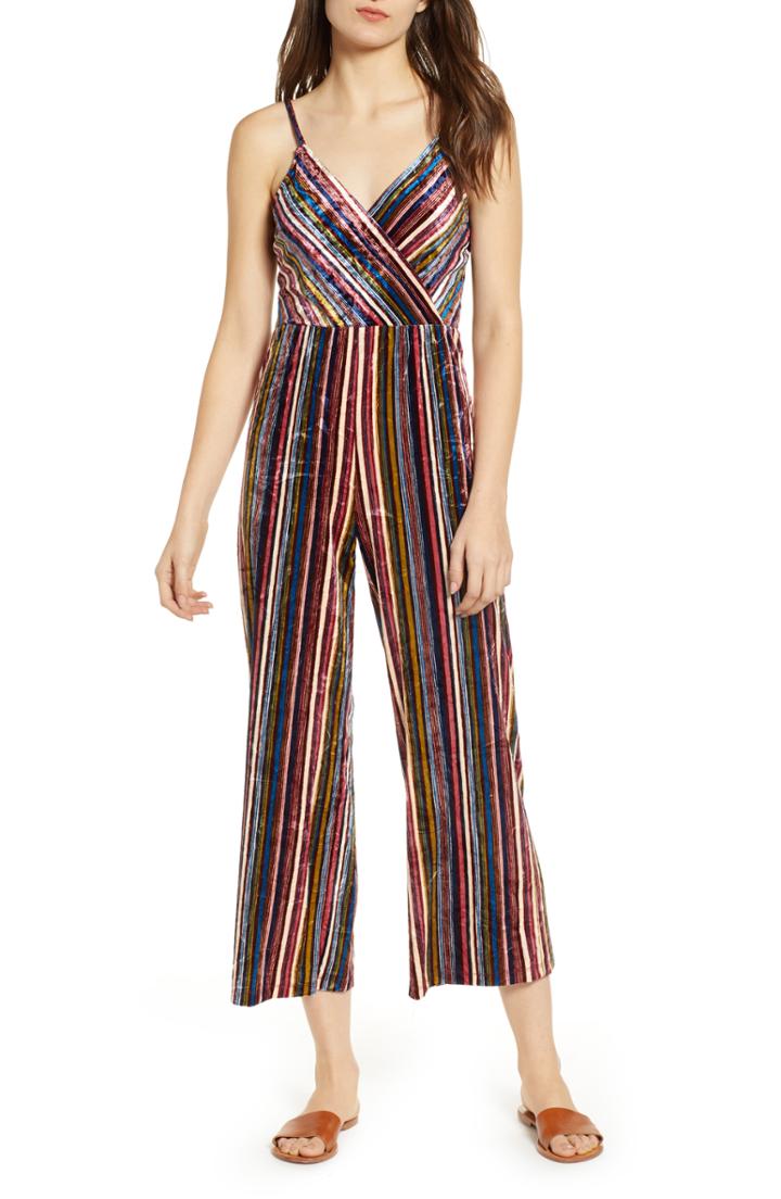 Women's Hiatus Stripe Velvet Jumpsuit - Red