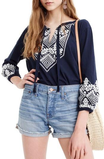 Women's J.crew Embroidered Tie Neck Top - Blue