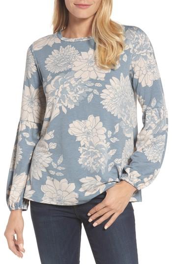 Petite Women's Bobeau Floral Print Balloon Sleeve Sweatshirt P - Blue