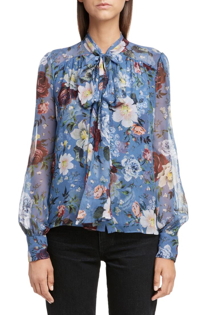 Women's Erdem Floral Print Tie Neck Silk Voile Blouse