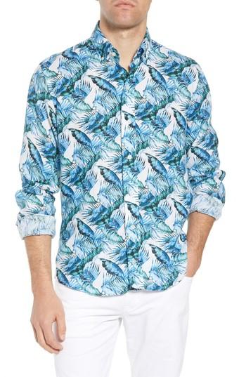 Men's Ledbury Greencrest Classic Fit Palm Print Sport Shirt - Blue