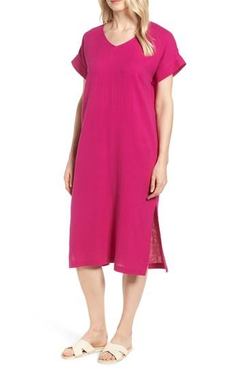 Women's Eileen Fisher V-neck Cotton Midi Dress, Size - Pink