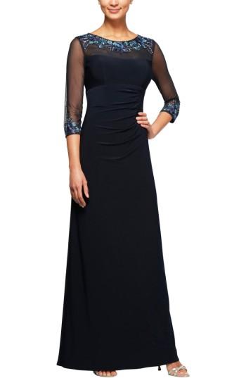 Women's Alex Evenings Embellished Ruched Empire Waist Gown - Blue