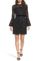 Women's Tadashi Shoji Bell Sleeve Rose & Sequin Lace Dress - Black