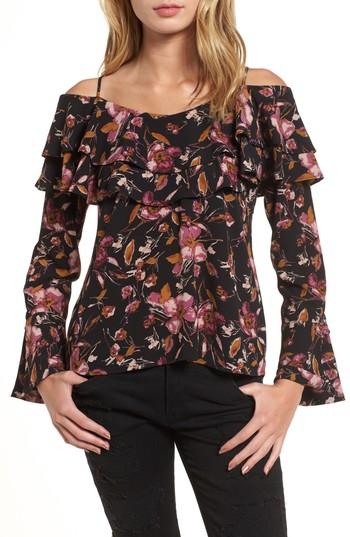 Women's Bp. Ruffle Print Off The Shoulder Blouse, Size - Black
