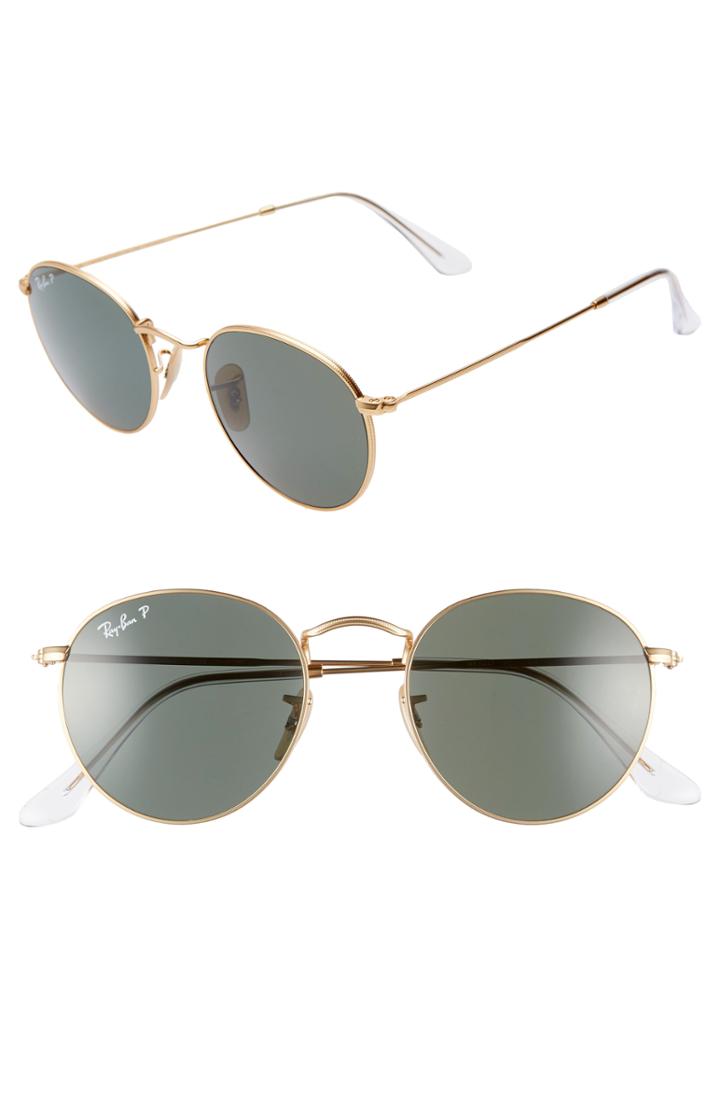 Women's Ray-ban 50mm Polarized Round Sunglasses - Gold/ Green Solid