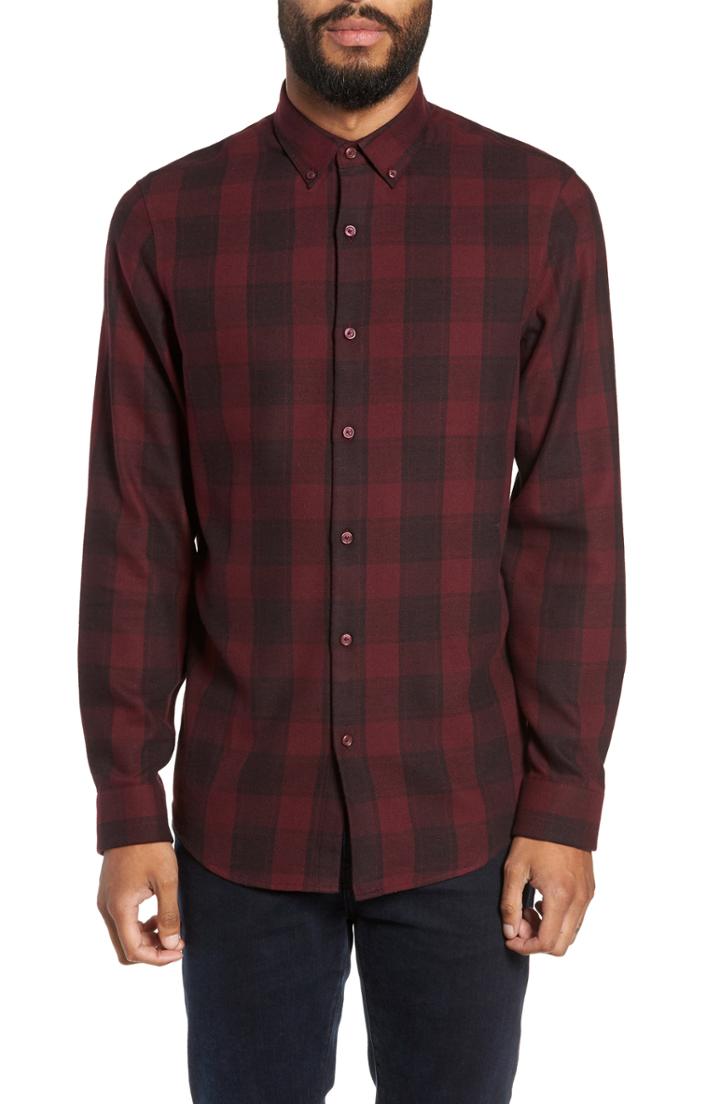 Men's Calibrate Slim Fit Mini Collar Check Flannel Sport Shirt, Size - Burgundy
