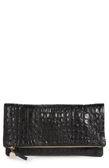 Clare V. Croc Embossed Leather Foldover Clutch - Black
