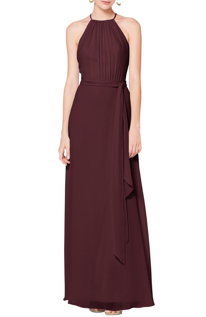 Women's #levkoff Halter Neck Tie Detail Chiffon Gown - Burgundy