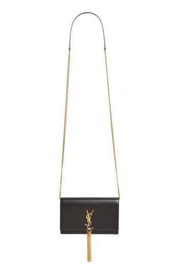 Women's Saint Laurent Small Monogram Calfskin Leather Wallet On A Chain - Black