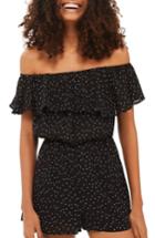 Women's Topshop Dotty Off The Shoulder Romper Us (fits Like 0-2) - Black