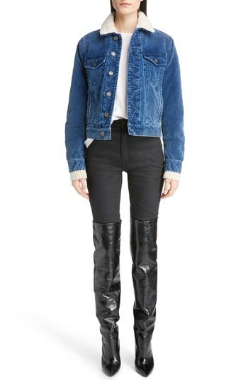 Women's Saint Laurent Genuine Shearling Lined Corduroy Jacket - Blue