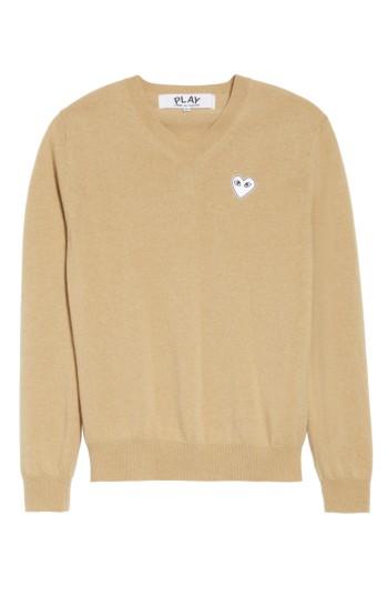 Men's Comme Des Garcons Play White Heart Wool V-neck Sweater - Beige
