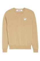 Men's Comme Des Garcons Play White Heart Wool V-neck Sweater - Beige