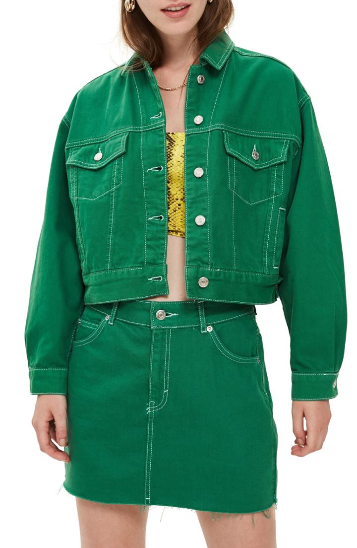Petite Women's Topshop Boxy Denim Jacket P Us (fits Like 0p) - Green