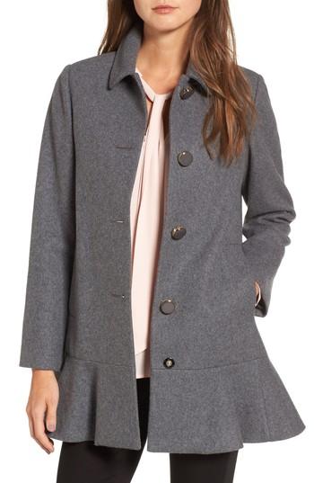 Petite Women's Kate Spade New York Drop Waist Wool Blend Flounce Coat P - Grey