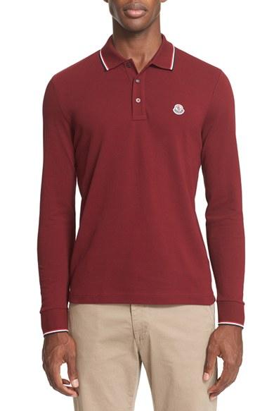 Men's Moncler Tipped Long Sleeve Polo - Burgundy
