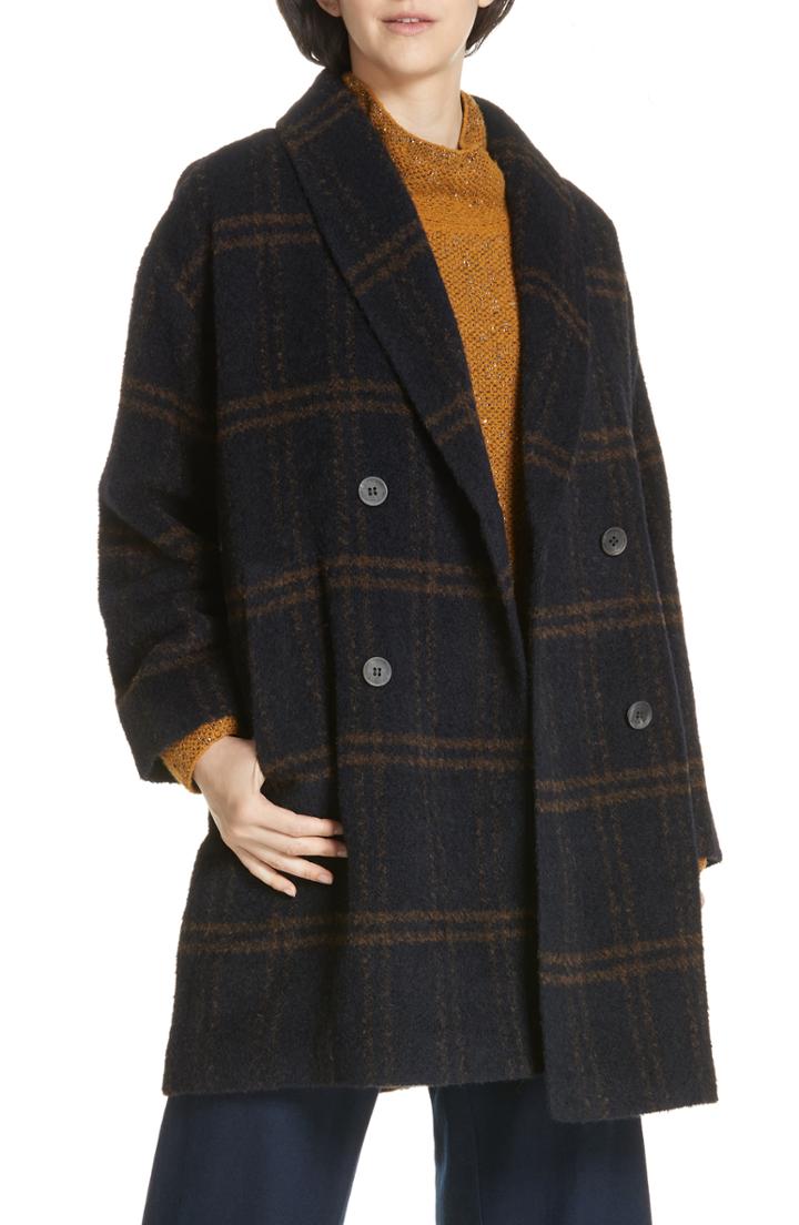 Women's Eileen Fisher Double Breasted Plaid Alpaca Blend Coat /x-large - Blue