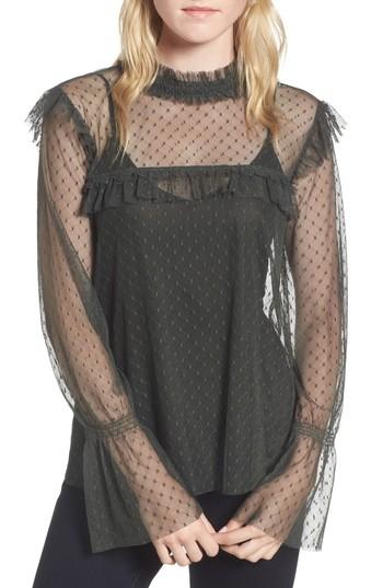 Women's Hinge Ruffle Mesh Top, Size - Green