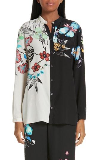 Women's Etro Bicolor Floral Print Silk Blouse