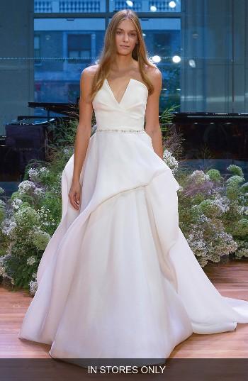 Women's Monique Lhuillier Emerson Strapless Notch Silk Gazar Ballgown, Size In Store Only - White