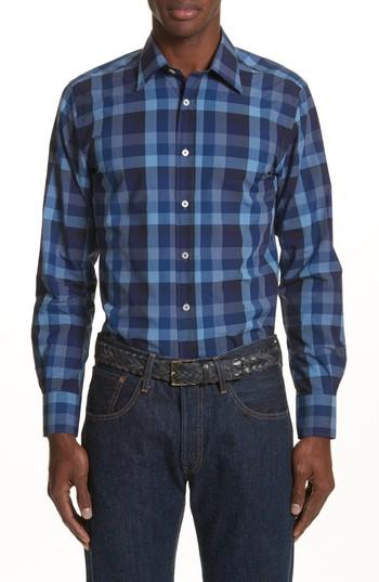 Men's Canali Regular Fit Oversize Check Sport Shirt - Blue