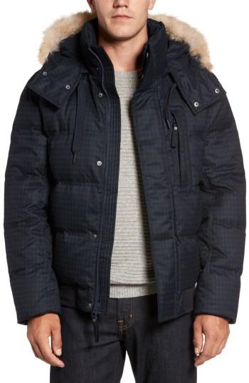 Men's Marc New York Print Quilted Jacket With Genuine Coyote Fur Trim, Size - Blue