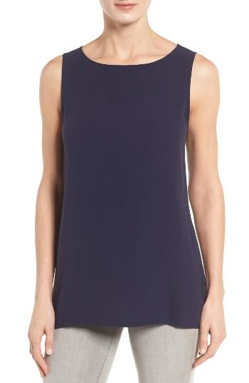 Petite Women's Eileen Fisher Long Bateau Neck Silk Shell, Size P - Blue