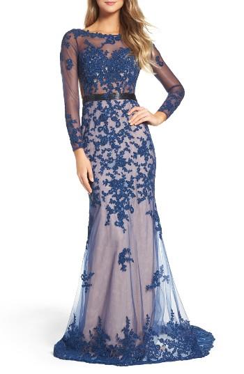 Women's Mac Duggal Open Back Embroidered Tulle Gown - Blue
