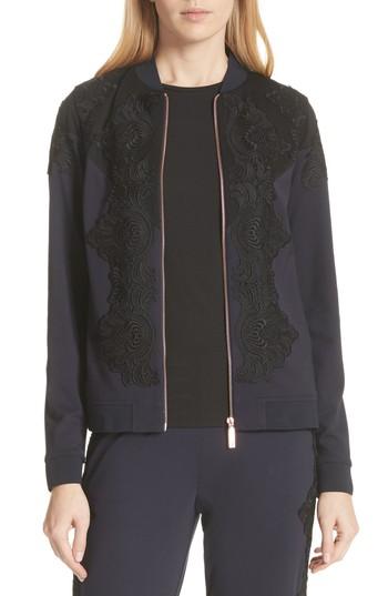 Women's Ted Baker London Sadiet Lace Trim Bomber Jacket - Blue