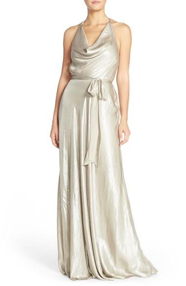 Women's Nouvelle Amsale 'liane' Liquid Chiffon Draped Halter Gown - Metallic