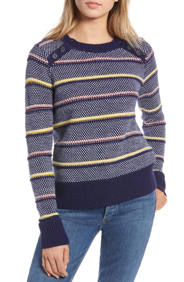 Women's 1901 Button Detail Stripe Wool Blend Texture Sweater