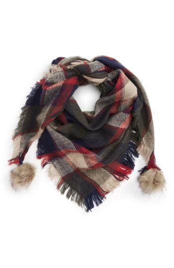 Women's Capelli Of New York Faux Fur Pom Plaid Triangle Scarf, Size - Blue