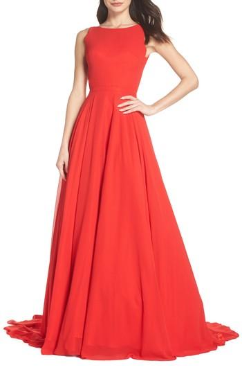 Women's Mac Duggal Bateau Neck Ballgown - Red