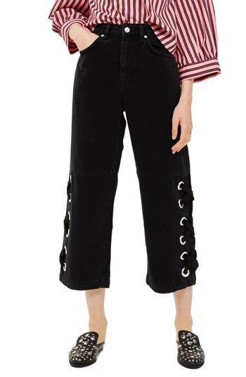 Women's Topshop Lace Up Hem Crop Wide Leg Jeans X 30 - Black