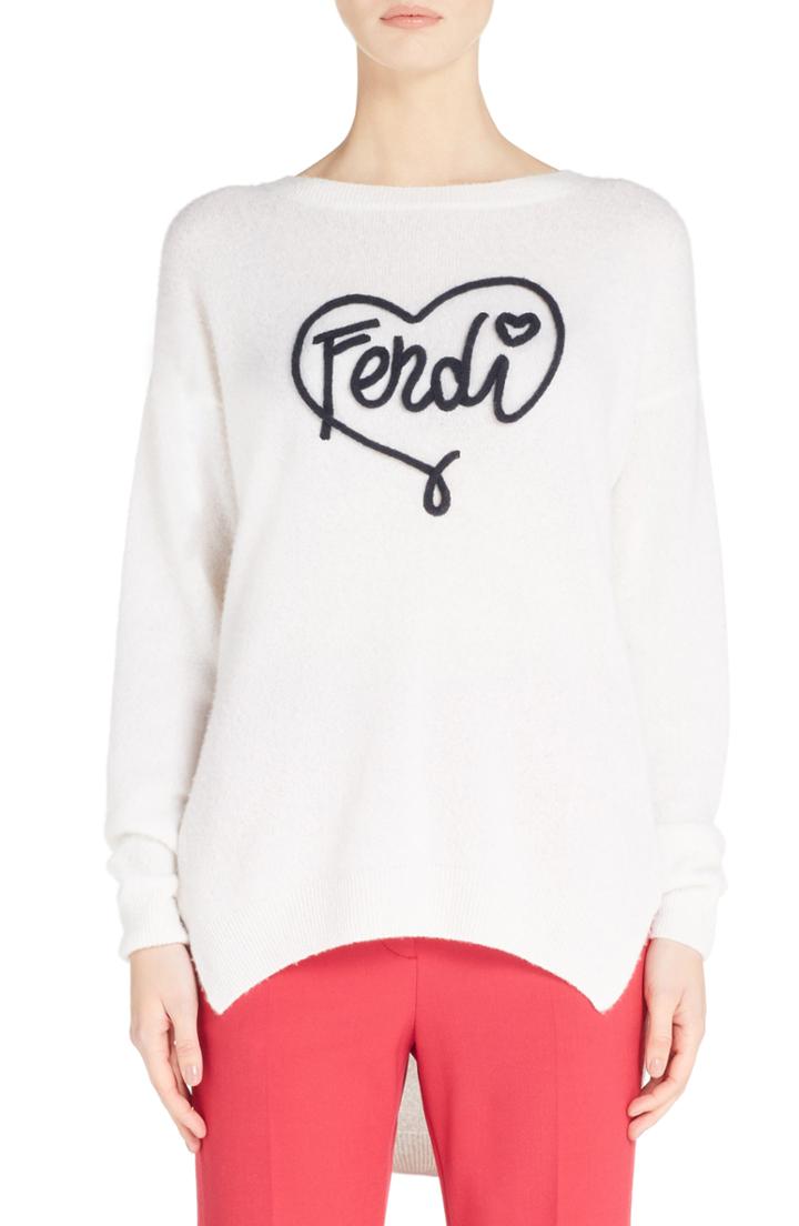 Women's Fendi Heart Logo Cashmere Sweater Us / 42 It - White
