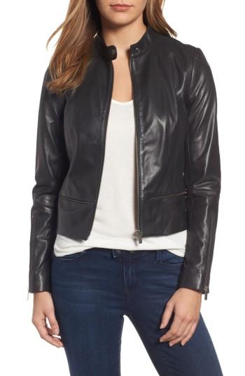 Women's Halogen Zip Detail Leather Moto Jacket - Black