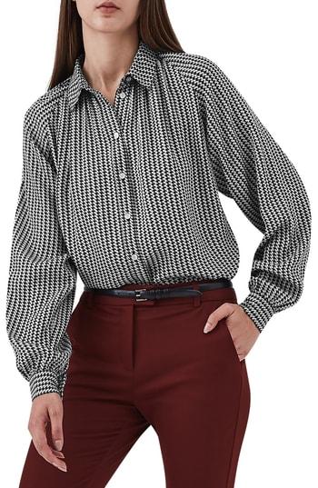 Women's Reiss Viola Houndstooth Balloon Sleeve Blouse Us / 4 Uk - Black
