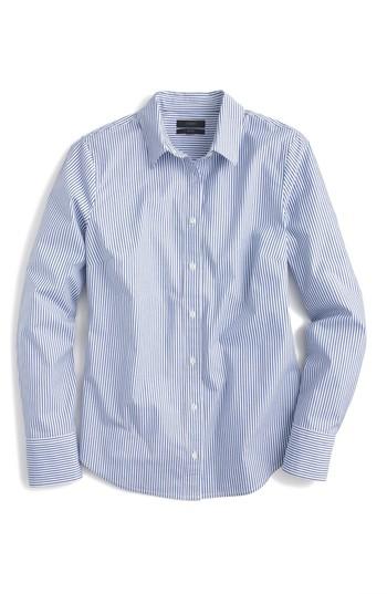 Women's J.crew Classic Stripe Stretch Perfect Cotton Shirt - Blue