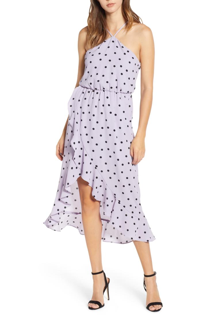 Women's Polka Dot Ruffle Trim Halter Dress - Purple