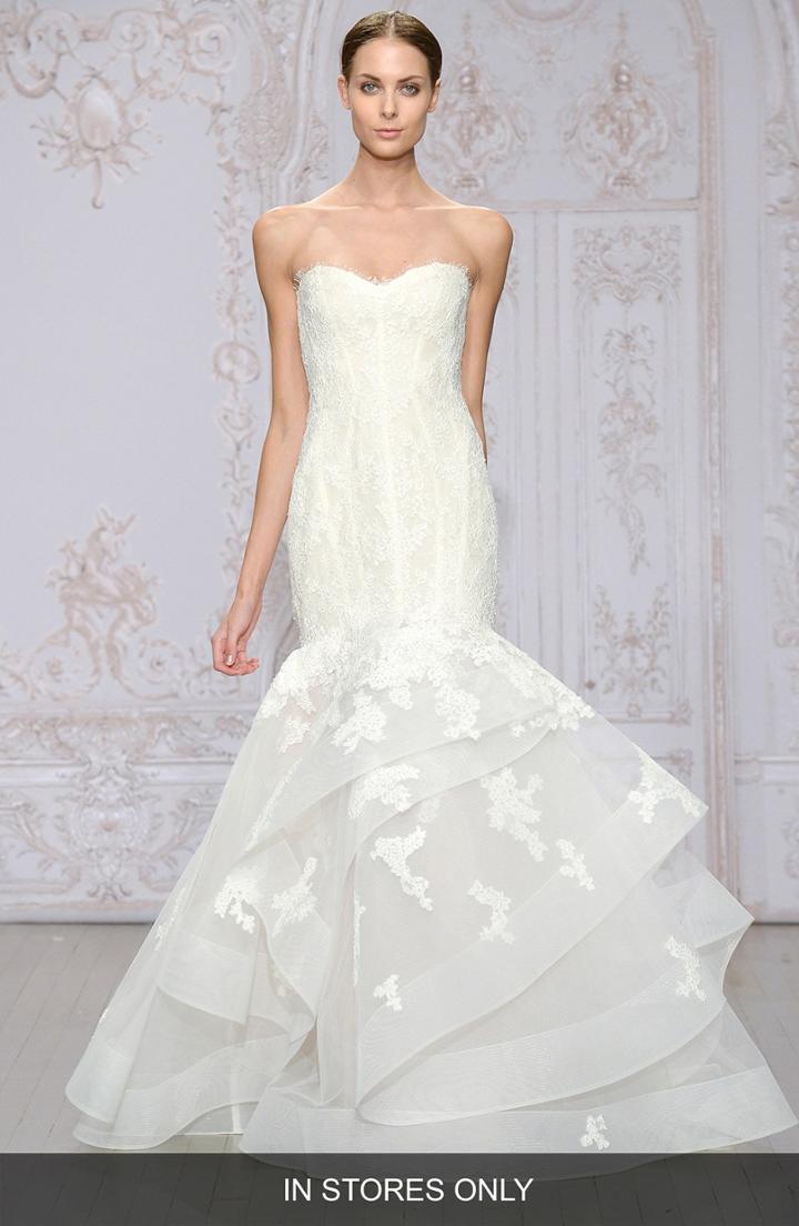 Women's Monique Lhuillier Saffron Strapless Lace & Organza Mermaid Gown, Size - White