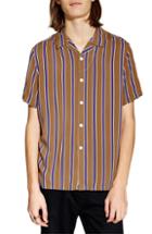 Men's Topman Stripe Revere Collar Camp Shirt - Brown