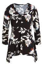 Women's Chaus Floral Vision Ruched Handkerchief Hem Top - Black