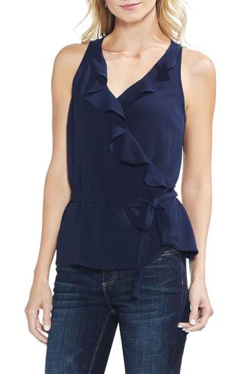 Women's Vince Camuto Wrap Front Ruffle Neck Blouse - Blue