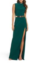 Women's Mac Duggal Belted Mock Neck Sheath Gown - Green